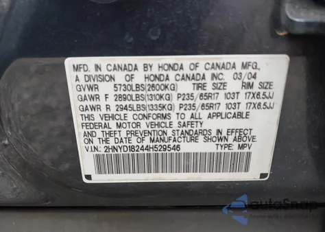 2004 Acura Mdx from USA, damaged, VIN 2HNYD18244H529546